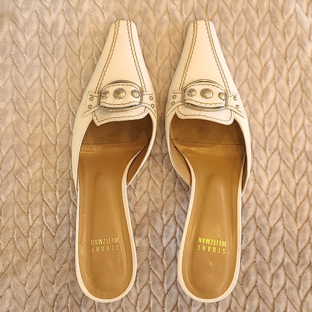 Stuart Weitzman white pointy toe mule pumps with stitch and stud detailing